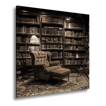 Leinwandbild Gemütliche Bibliothek mit rotem Sessel und warmem Licht - deyoli