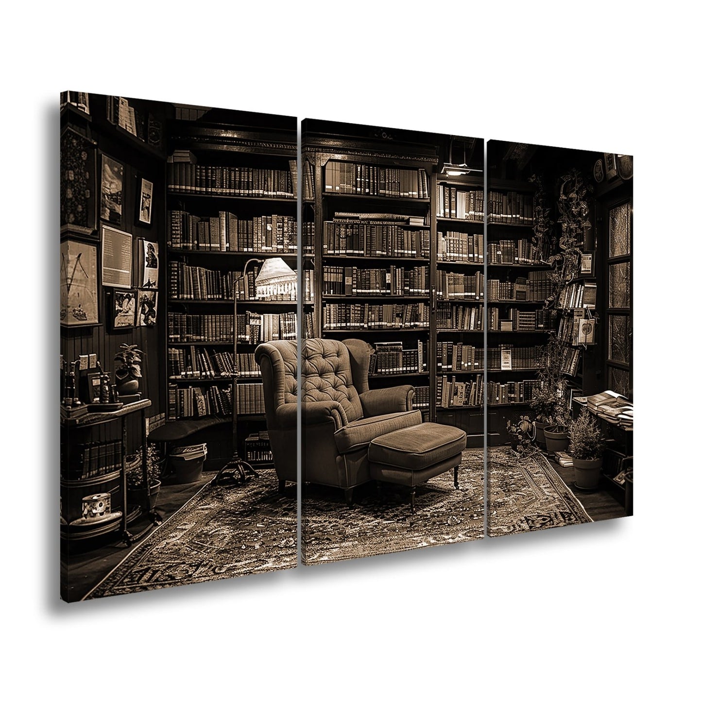 Leinwandbild Gemütliche Bibliothek mit rotem Sessel und warmem Licht - deyoli