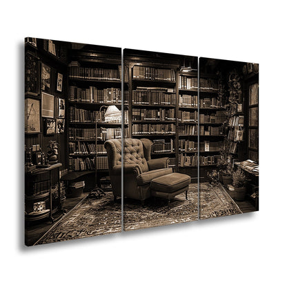 Leinwandbild Gemütliche Bibliothek mit rotem Sessel und warmem Licht - deyoli