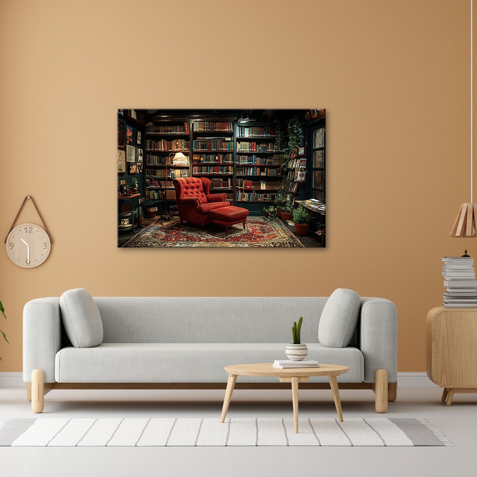 Leinwandbild Gemütliche Bibliothek mit rotem Sessel und warmem Licht - deyoli