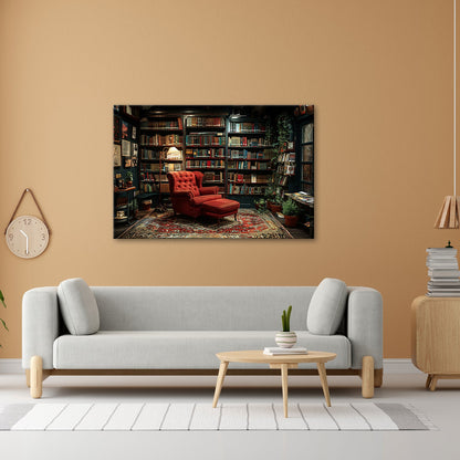 Leinwandbild Gemütliche Bibliothek mit rotem Sessel und warmem Licht - deyoli