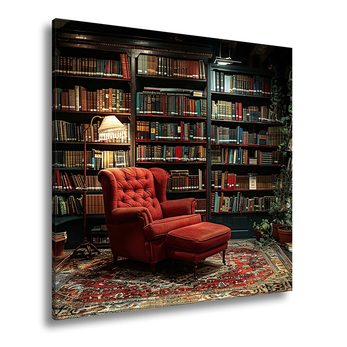 Leinwandbild Gemütliche Bibliothek mit rotem Sessel und warmem Licht - deyoli