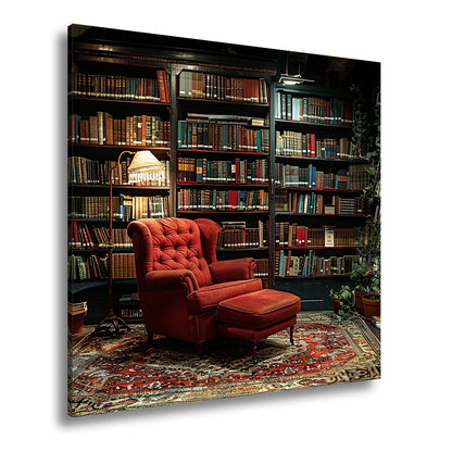 Leinwandbild Gemütliche Bibliothek mit rotem Sessel und warmem Licht - deyoli