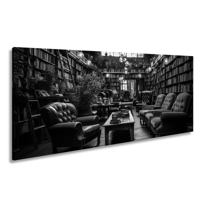 Leinwandbild Gemütliche Leseecke – Warmes Licht in alter Bibliothek XXL - deyoli