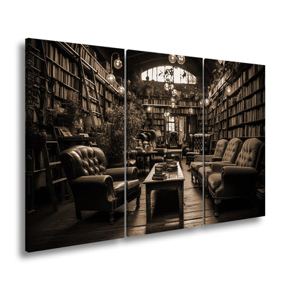 Leinwandbild Gemütliche Leseecke – Warmes Licht in alter Bibliothek XXL - deyoli