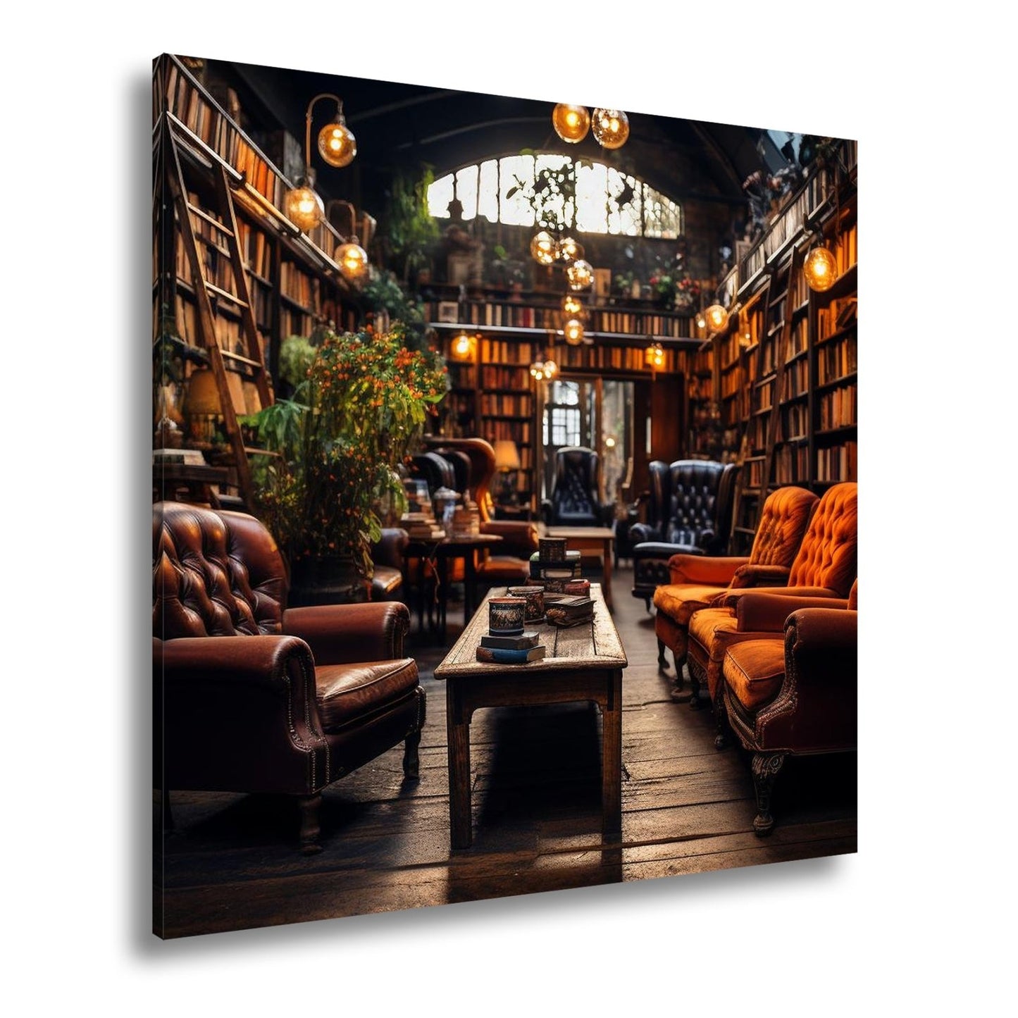 Leinwandbild Gemütliche Leseecke – Warmes Licht in alter Bibliothek XXL - deyoli