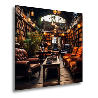 Leinwandbild Gemütliche Leseecke – Warmes Licht in alter Bibliothek XXL - deyoli