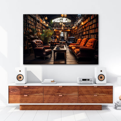 Leinwandbild Gemütliche Leseecke – Warmes Licht in alter Bibliothek XXL - deyoli