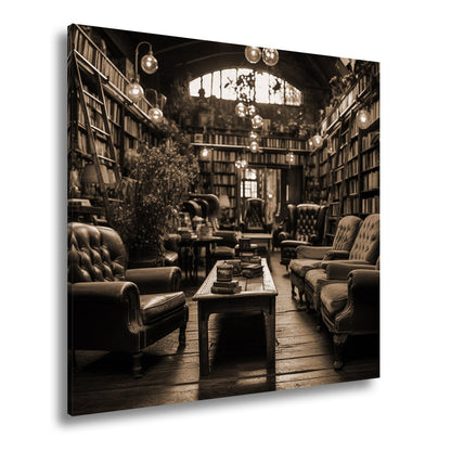 Leinwandbild Gemütliche Leseecke – Warmes Licht in alter Bibliothek XXL - deyoli