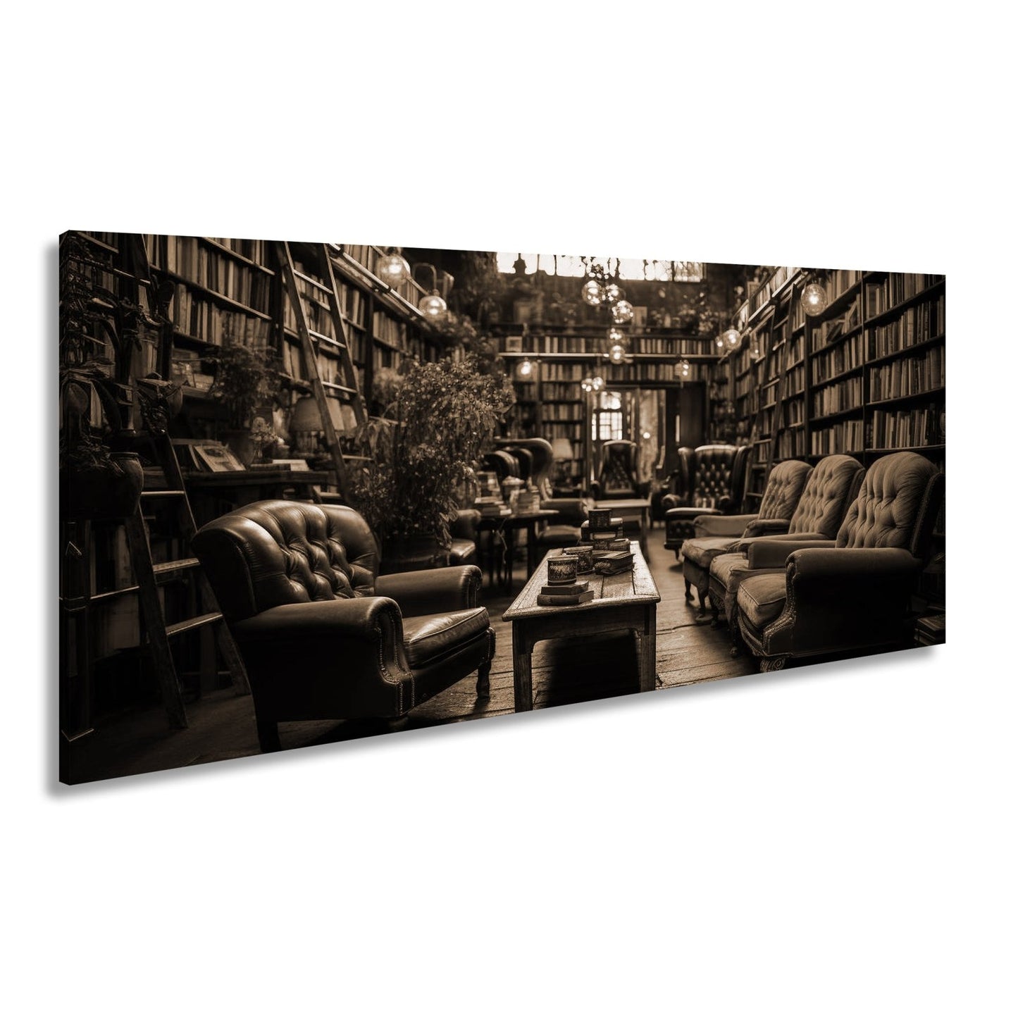 Leinwandbild Gemütliche Leseecke – Warmes Licht in alter Bibliothek XXL - deyoli