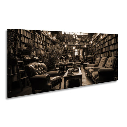 Leinwandbild Gemütliche Leseecke – Warmes Licht in alter Bibliothek XXL - deyoli