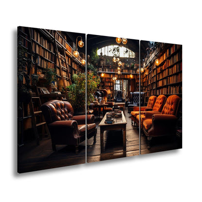 Leinwandbild Gemütliche Leseecke – Warmes Licht in alter Bibliothek XXL - deyoli