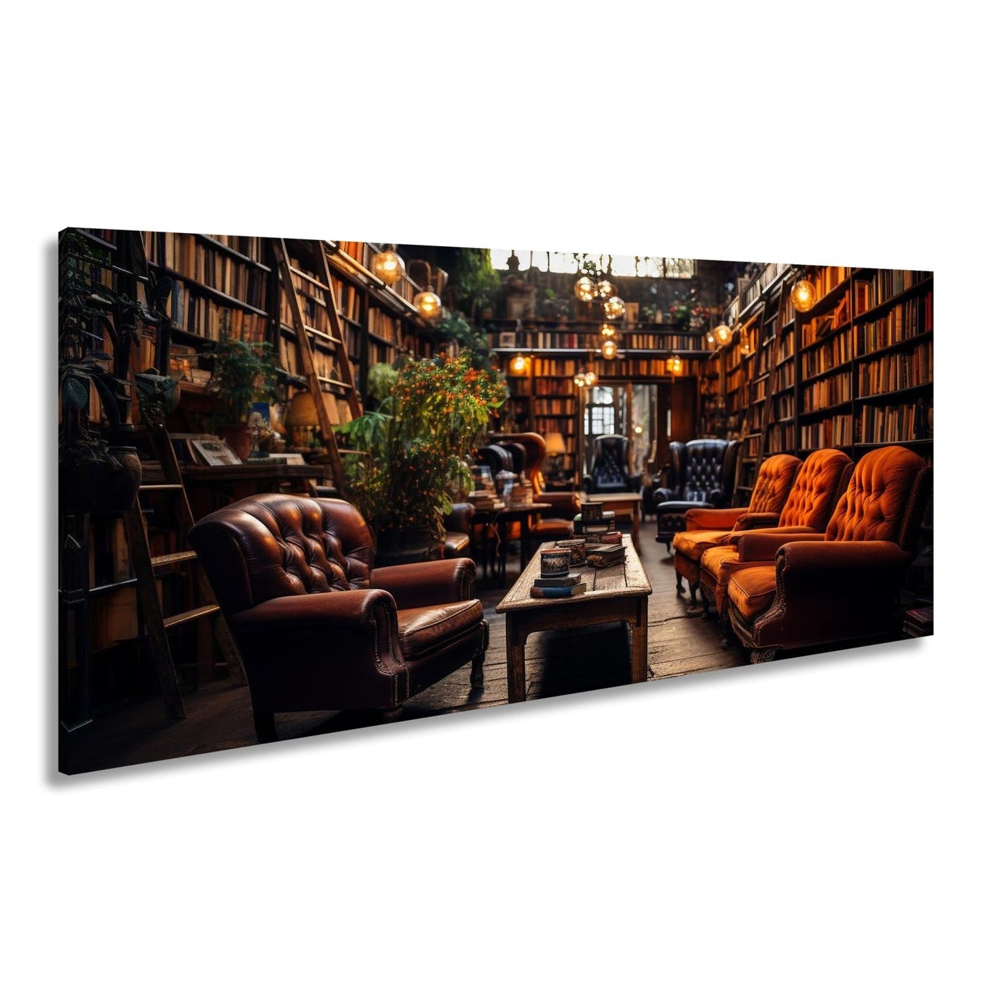 Leinwandbild Gemütliche Leseecke – Warmes Licht in alter Bibliothek XXL - deyoli