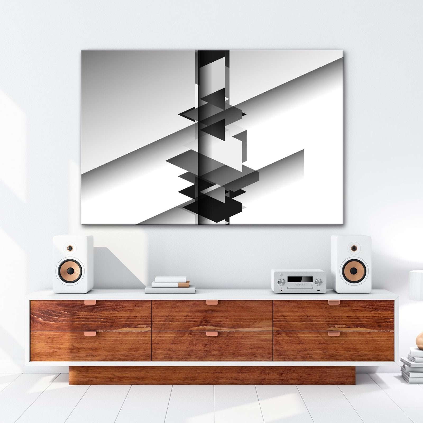 Leinwandbild Geometrische Komposition aus schwarz - weißen Formen schwebender Balance - deyoli