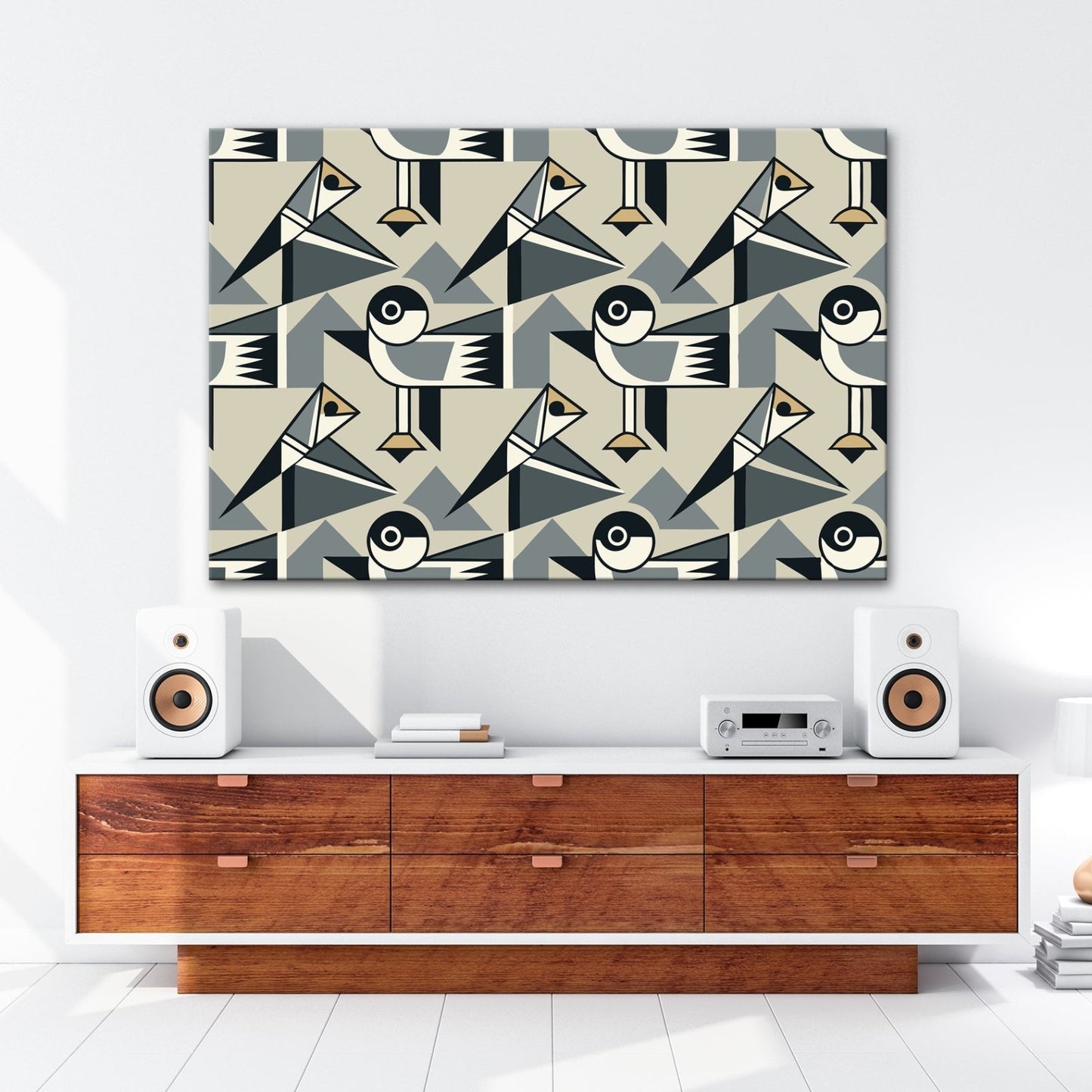 Leinwandbild Geometrische Vögel in modernem Retro - Muster - deyoli