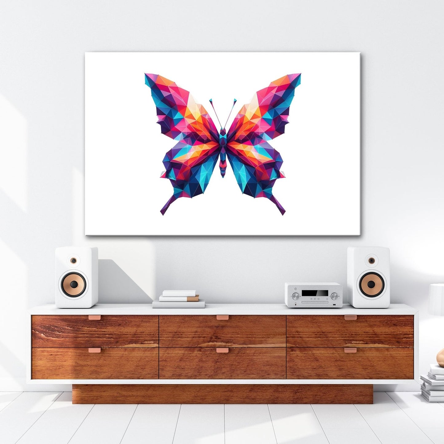 Leinwandbild Geometrischer Schmetterling in knalligen Farbflächen - deyoli