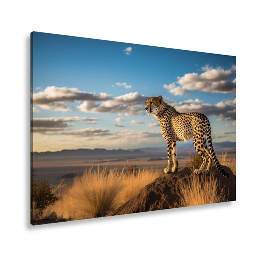 Leinwandbild Gepard auf Gipfel – Wächter der Savanne bei Sonnenlicht. - deyoli