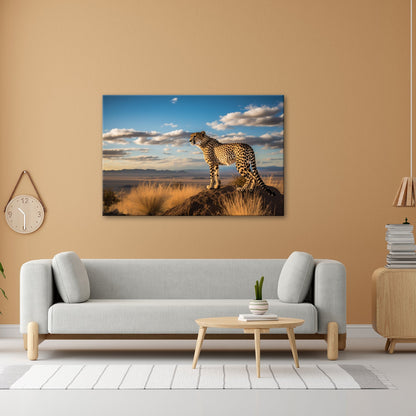 Leinwandbild Gepard auf Gipfel – Wächter der Savanne bei Sonnenlicht. - deyoli