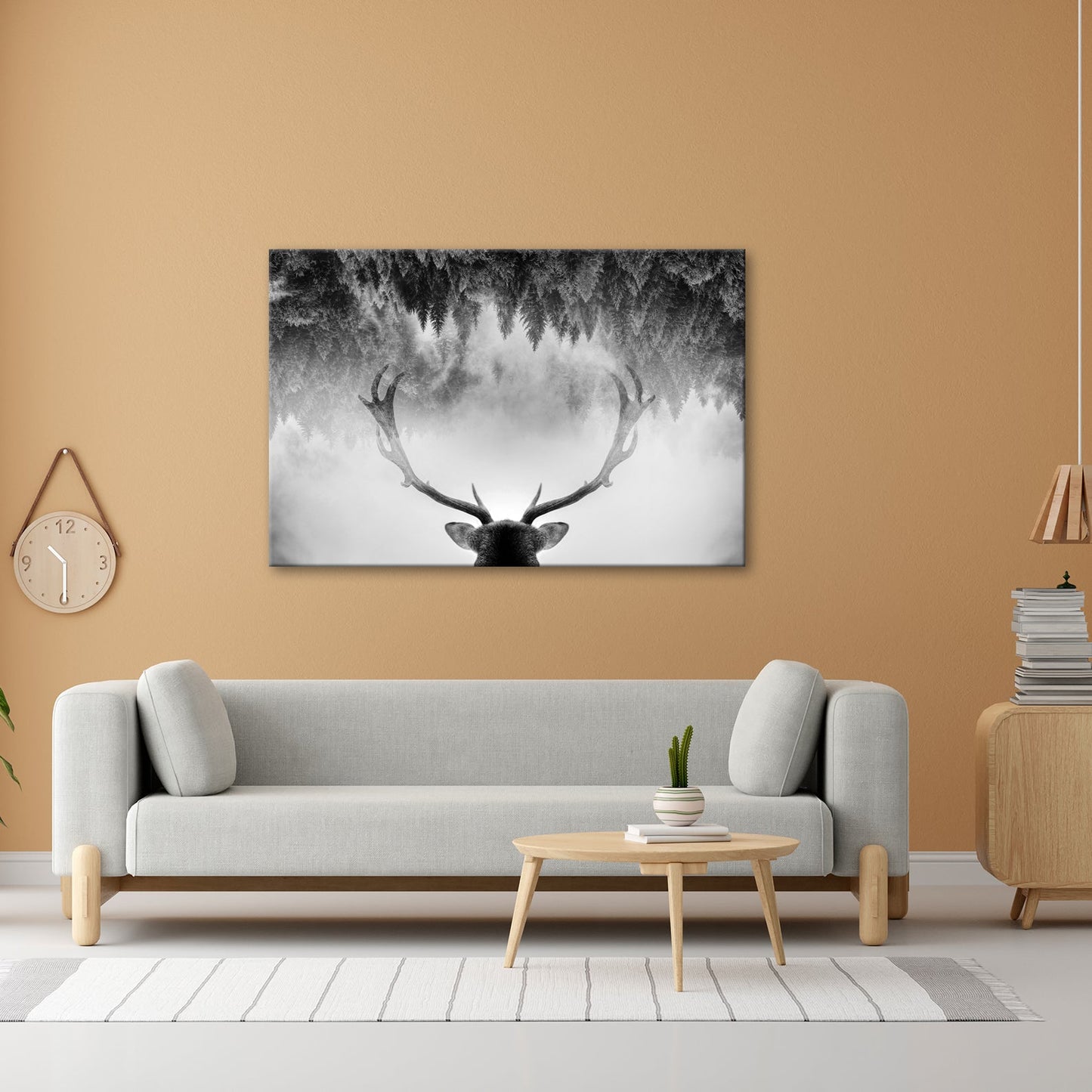 Leinwandbild Geweih trifft Nebel – Mystischer Spiegelwald XXL - deyoli