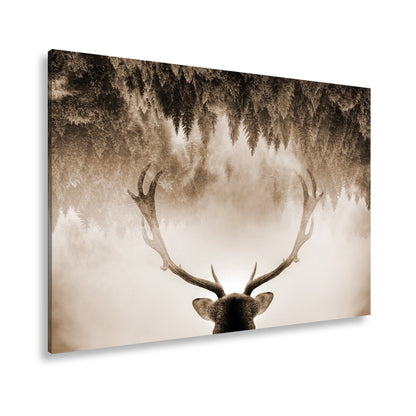 Leinwandbild Geweih trifft Nebel – Mystischer Spiegelwald XXL - deyoli