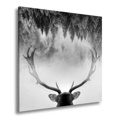 Leinwandbild Geweih trifft Nebel – Mystischer Spiegelwald XXL - deyoli