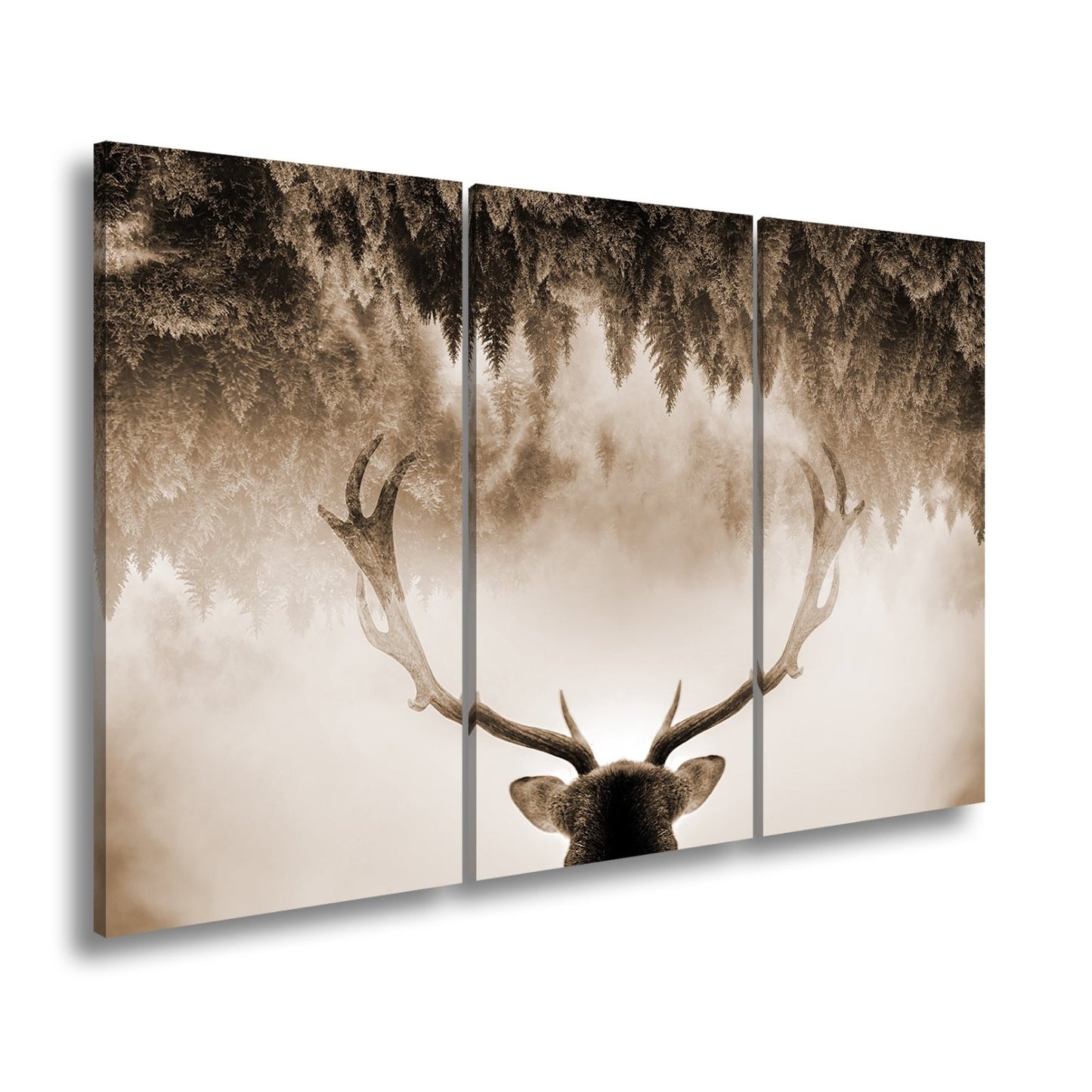 Leinwandbild Geweih trifft Nebel – Mystischer Spiegelwald XXL - deyoli