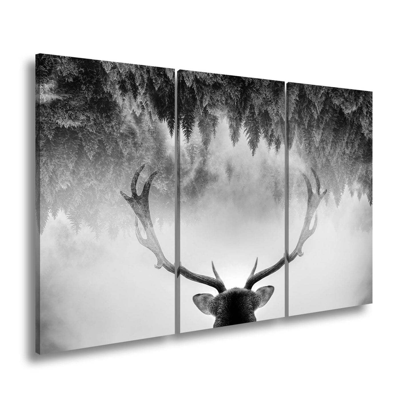 Leinwandbild Geweih trifft Nebel – Mystischer Spiegelwald XXL - deyoli