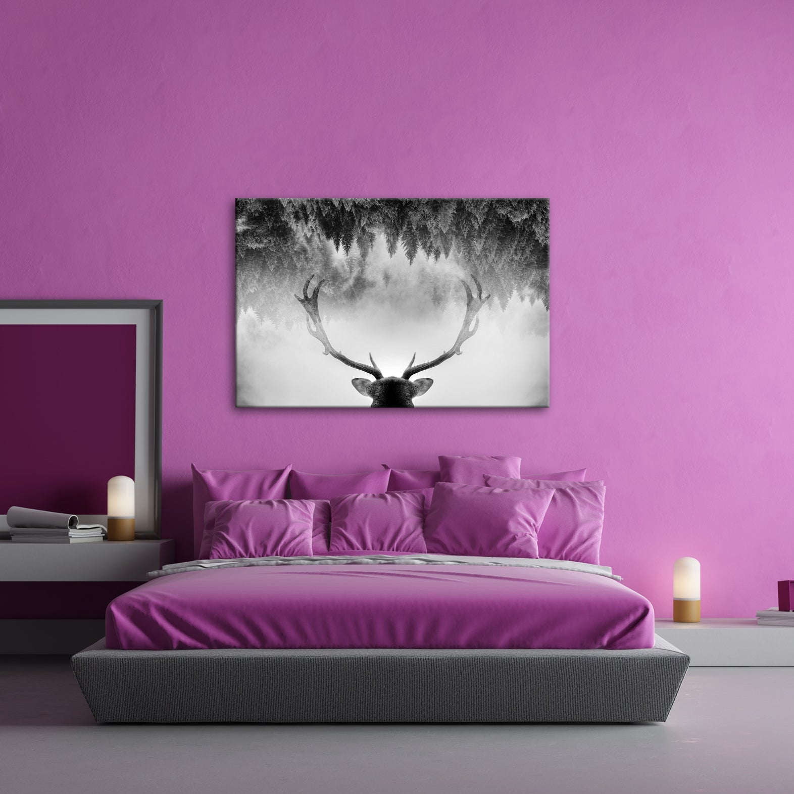 Leinwandbild Geweih trifft Nebel – Mystischer Spiegelwald XXL - deyoli