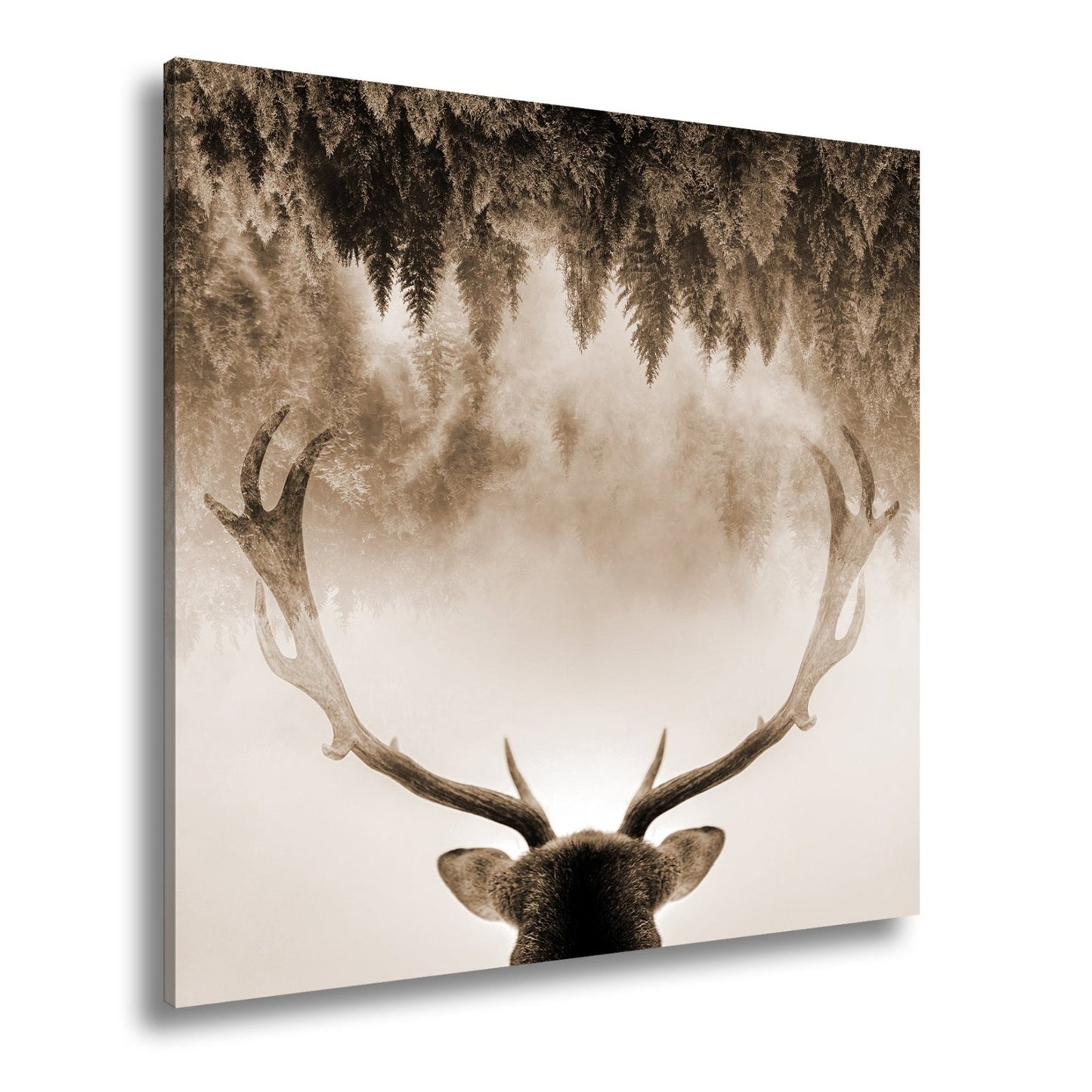 Leinwandbild Geweih trifft Nebel – Mystischer Spiegelwald XXL - deyoli