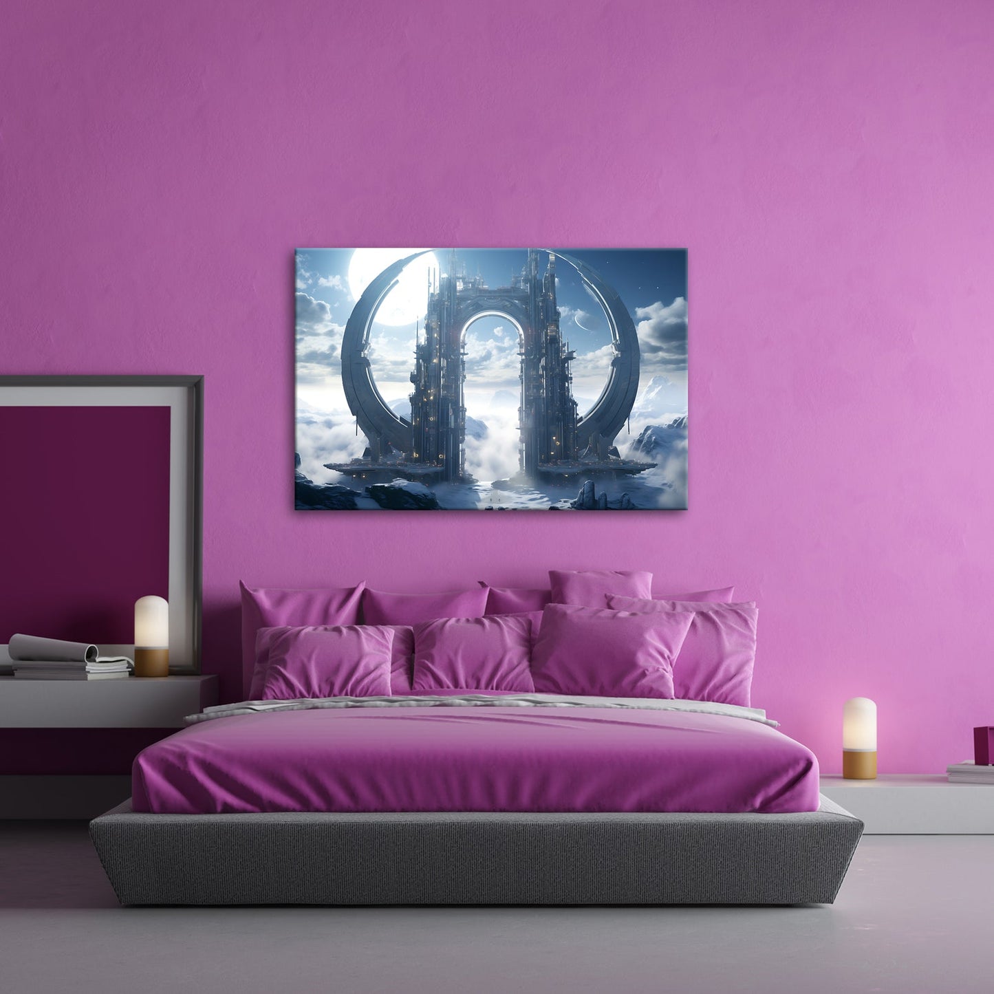 Leinwandbild Gigantisches Sci - Fi - Tor ragt über ein Meer aus Wolken und Eis - deyoli