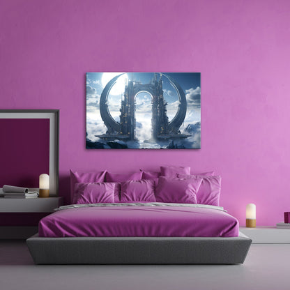 Leinwandbild Gigantisches Sci - Fi - Tor ragt über ein Meer aus Wolken und Eis - deyoli
