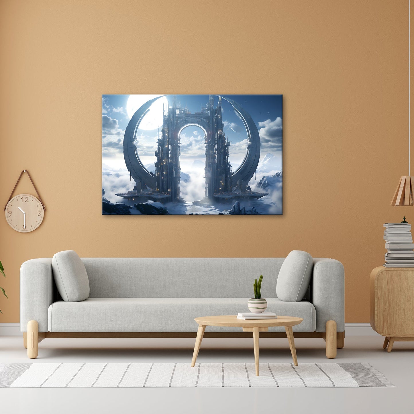 Leinwandbild Gigantisches Sci - Fi - Tor ragt über ein Meer aus Wolken und Eis - deyoli