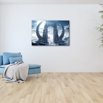 Leinwandbild Gigantisches Sci - Fi - Tor ragt über ein Meer aus Wolken und Eis - deyoli