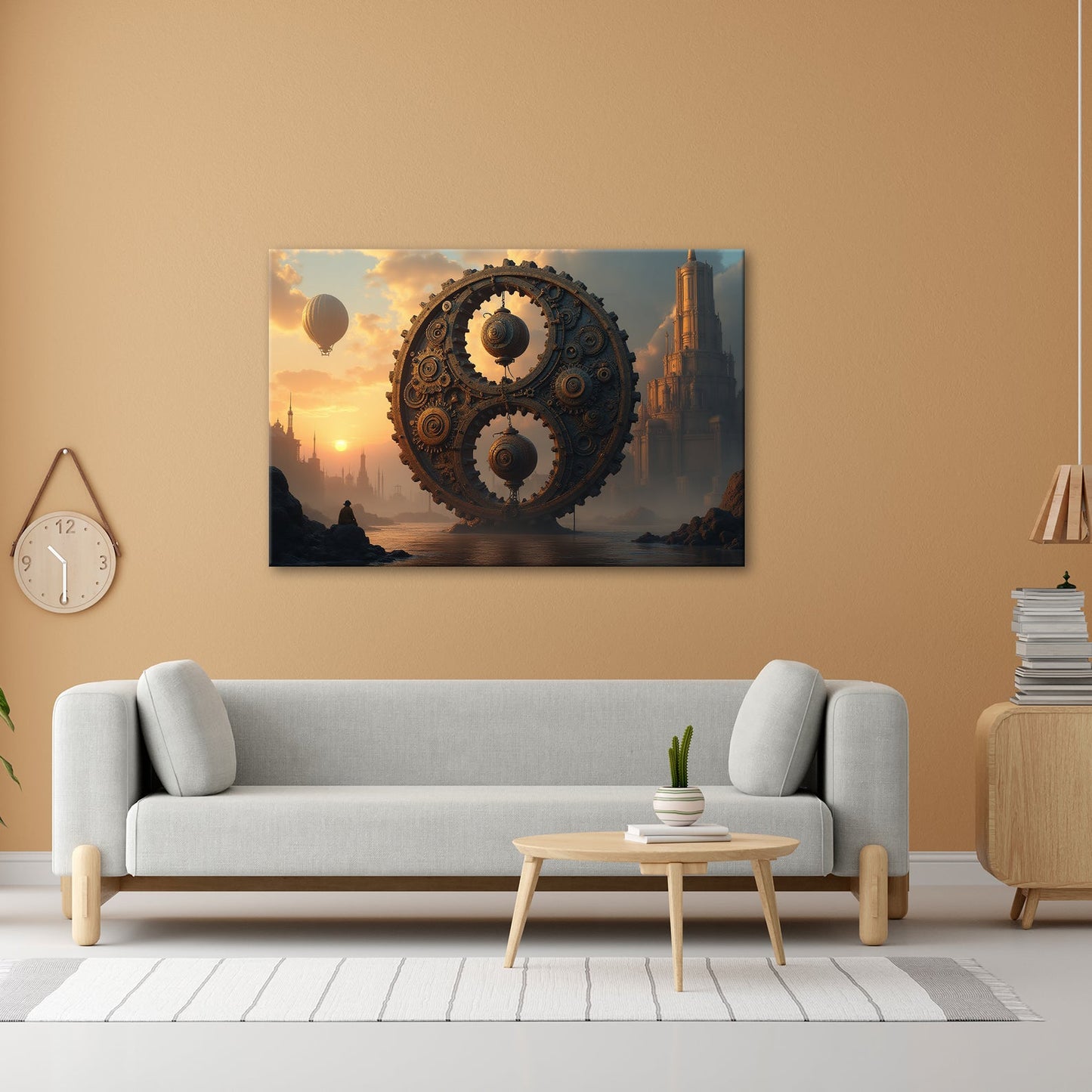 Leinwandbild Gigantisches Uhrwerk erhebt sich mystisch im goldenen Abendlicht - deyoli