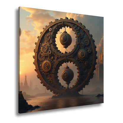 Leinwandbild Gigantisches Uhrwerk erhebt sich mystisch im goldenen Abendlicht - deyoli