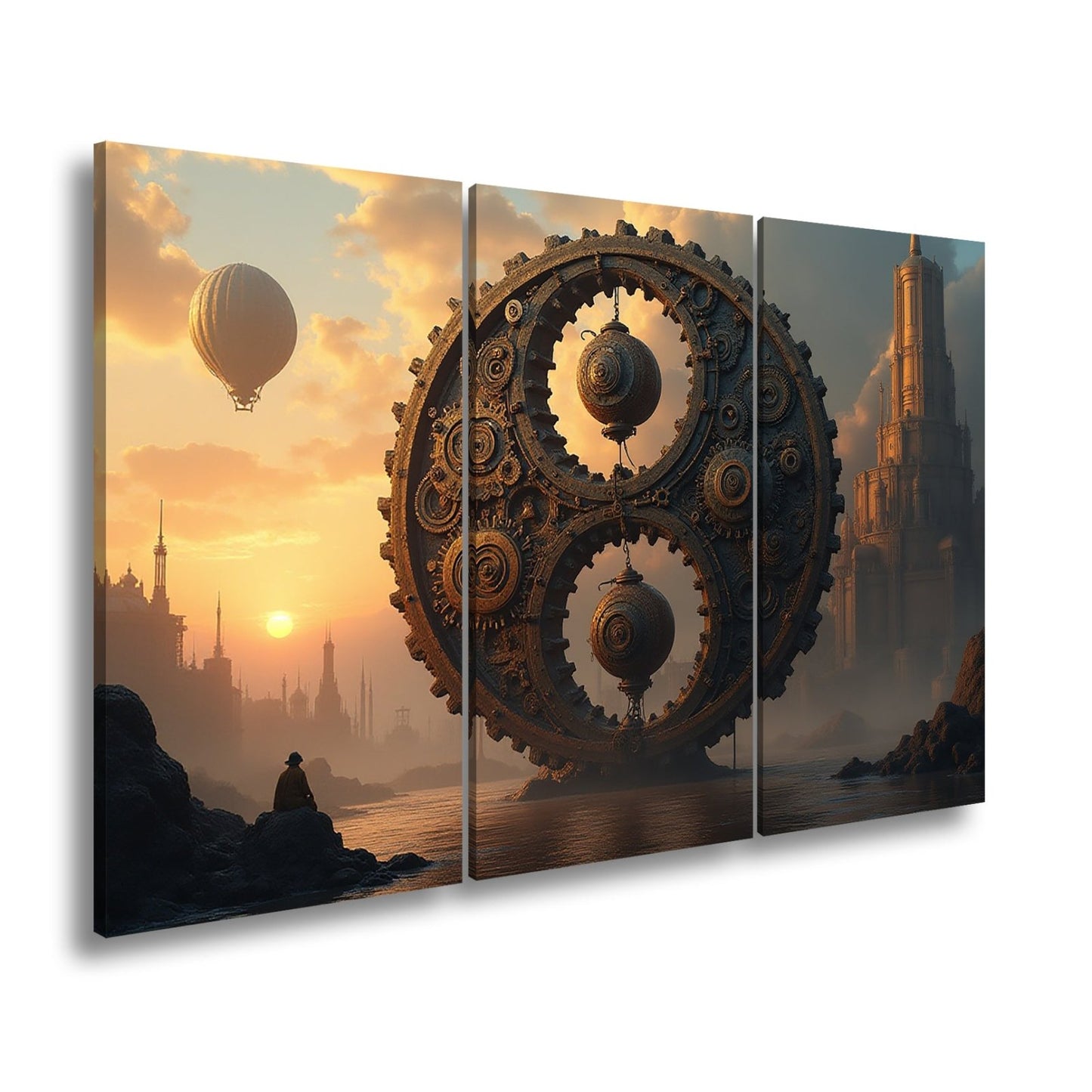 Leinwandbild Gigantisches Uhrwerk erhebt sich mystisch im goldenen Abendlicht - deyoli