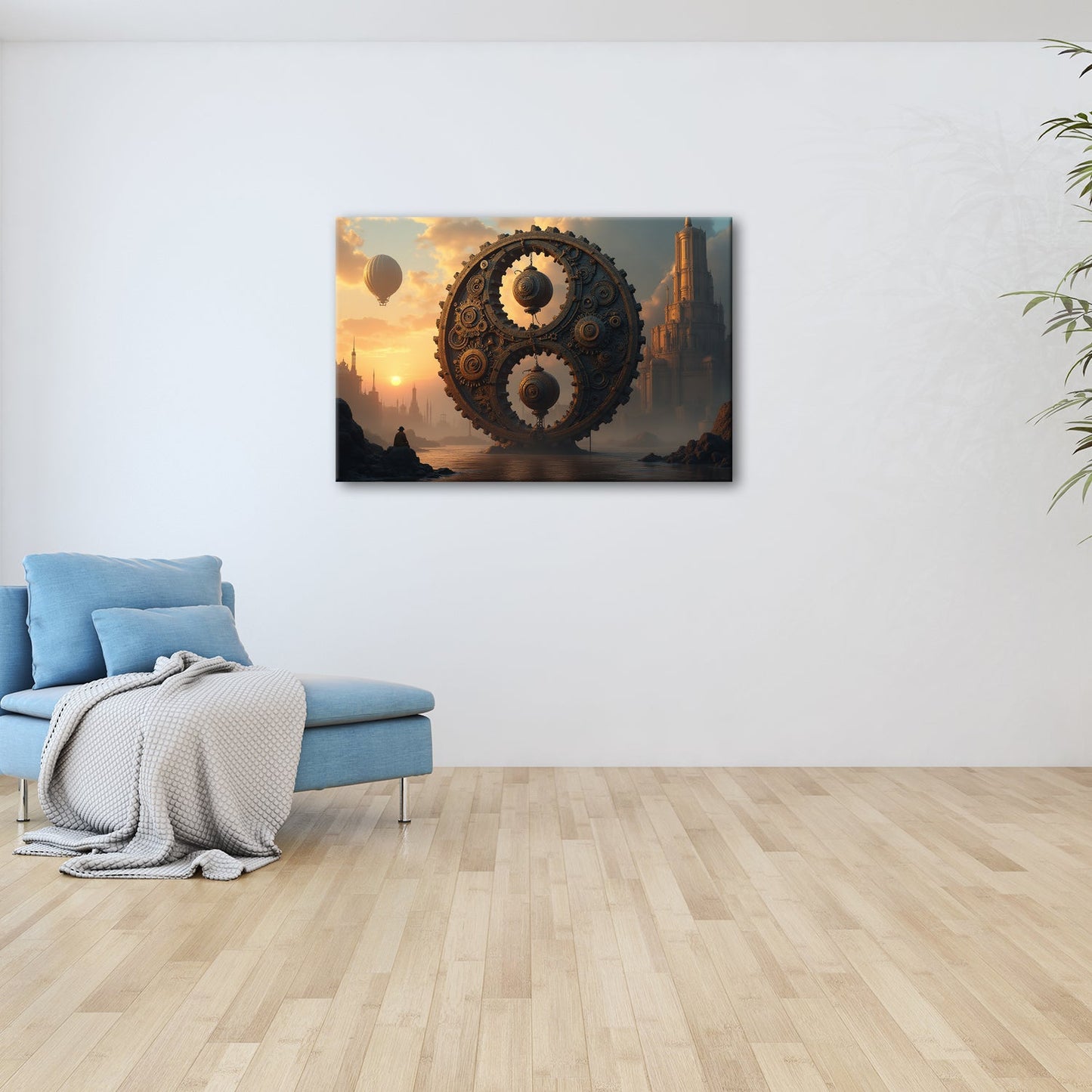 Leinwandbild Gigantisches Uhrwerk erhebt sich mystisch im goldenen Abendlicht - deyoli