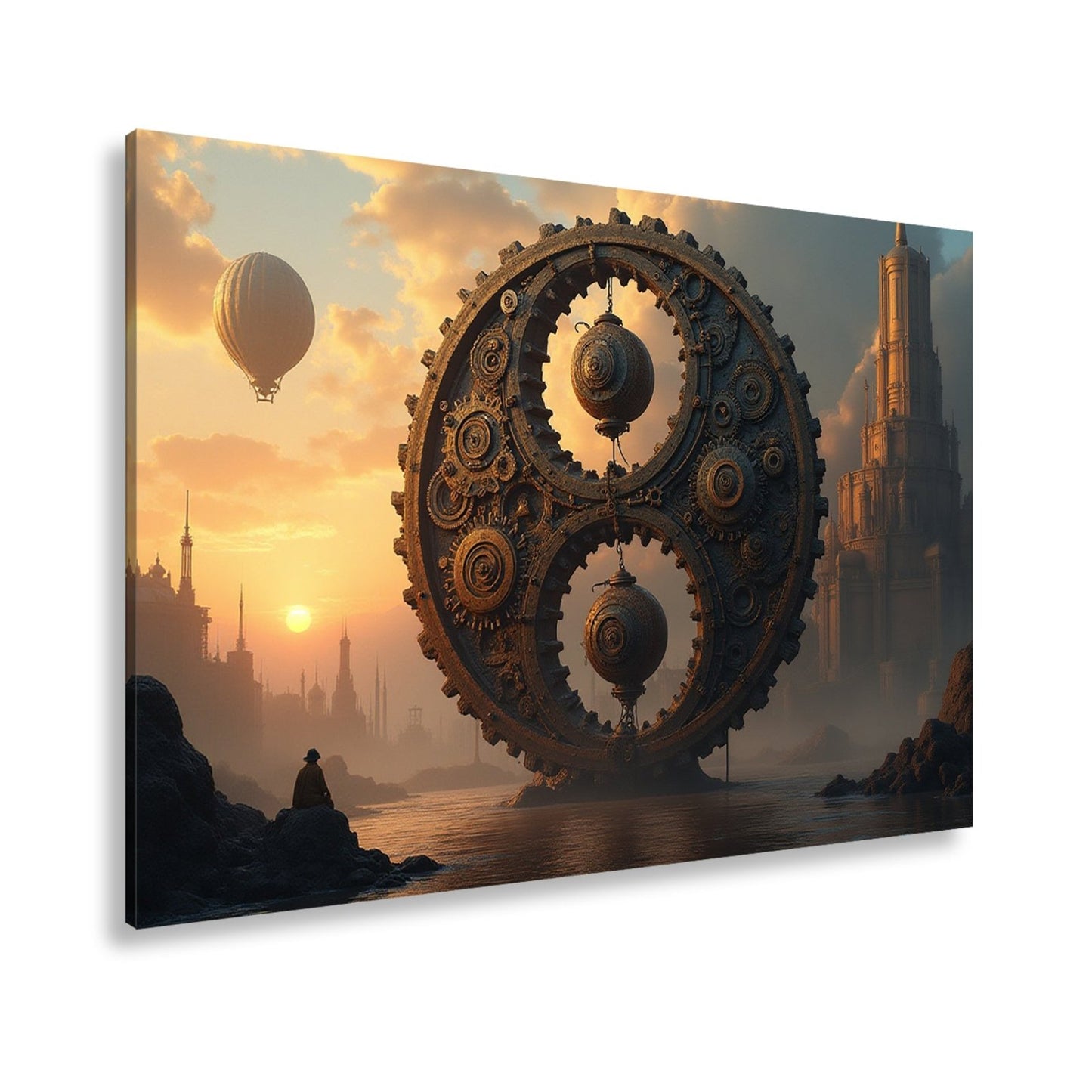 Leinwandbild Gigantisches Uhrwerk erhebt sich mystisch im goldenen Abendlicht - deyoli