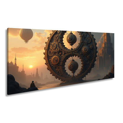 Leinwandbild Gigantisches Uhrwerk erhebt sich mystisch im goldenen Abendlicht - deyoli