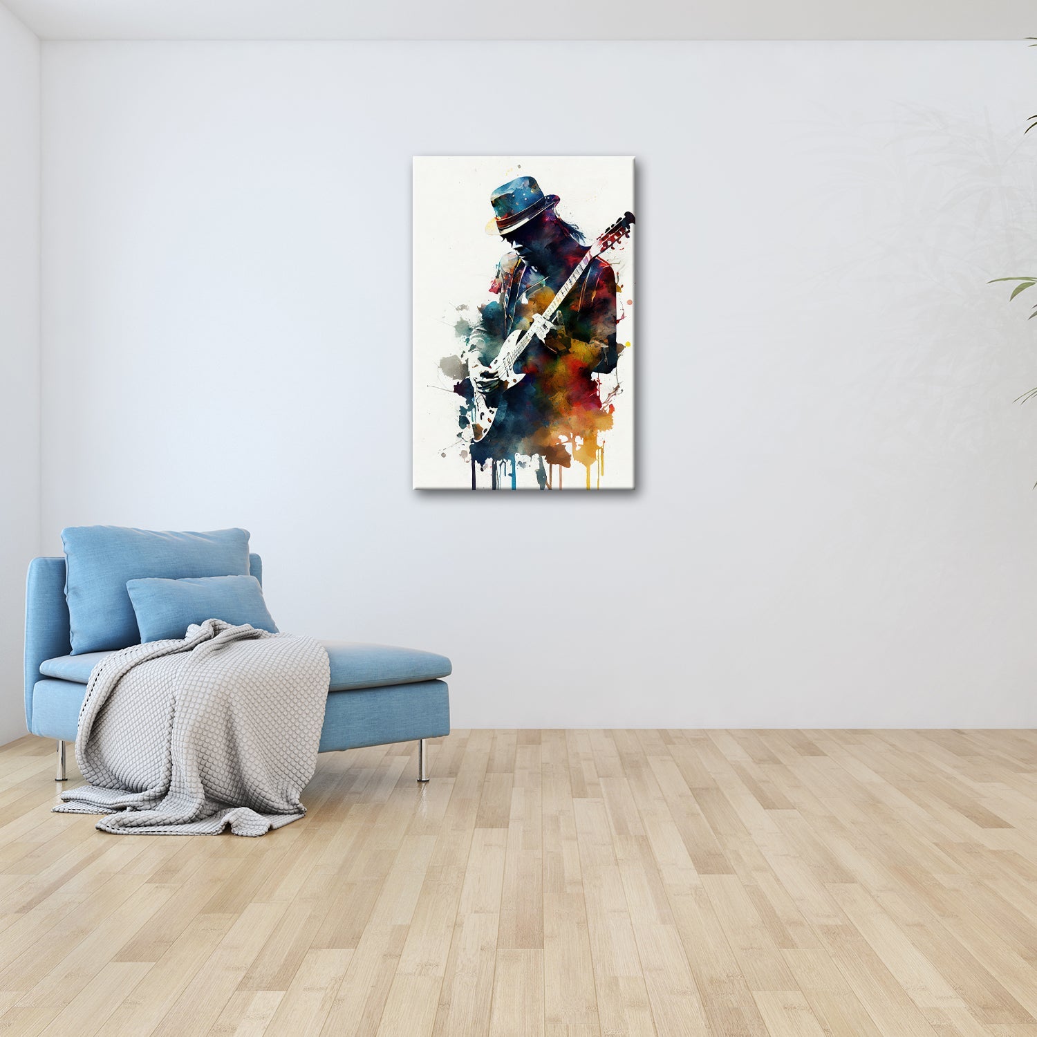 Leinwandbild Gitarrist XXL – In farbintensiver fließender Aquarellsilhouette - deyoli