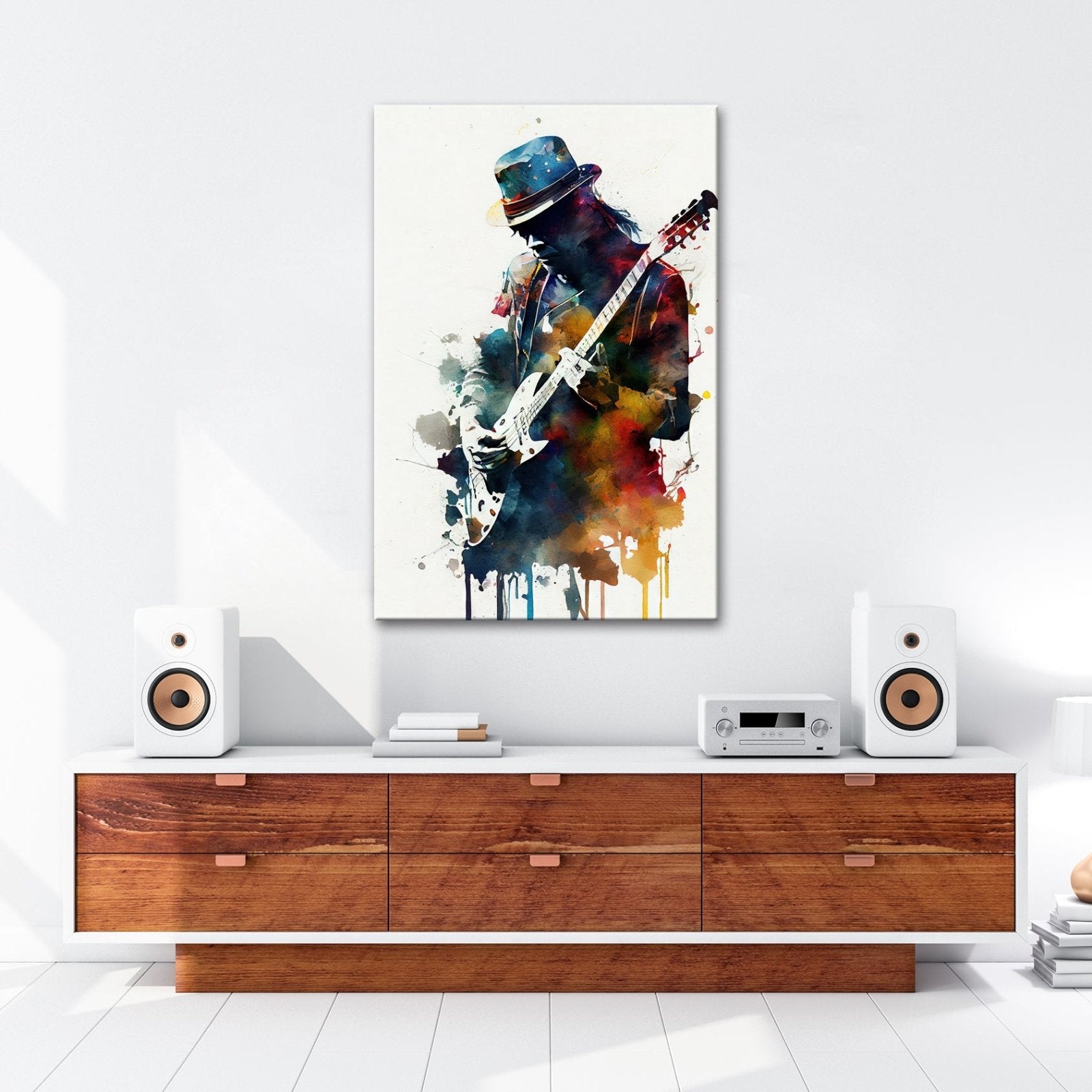 Leinwandbild Gitarrist XXL – In farbintensiver fließender Aquarellsilhouette - deyoli