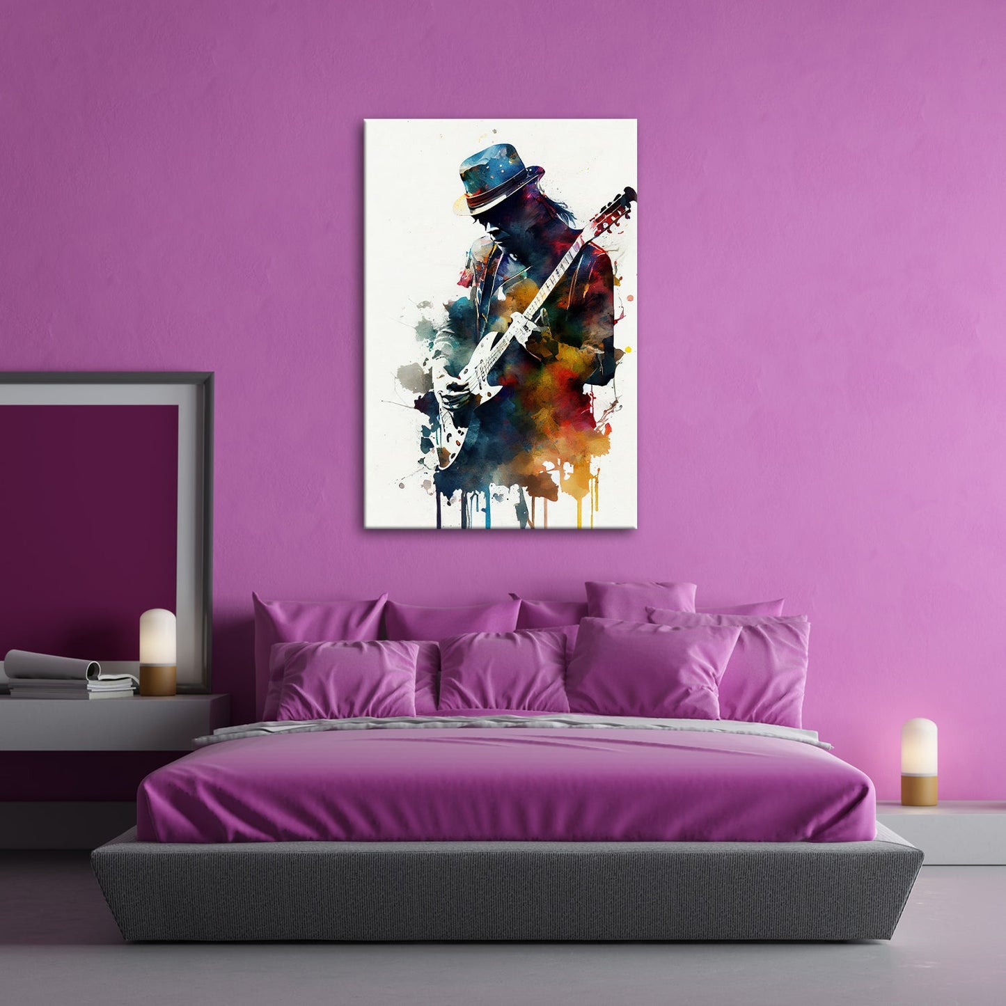 Leinwandbild Gitarrist XXL – In farbintensiver fließender Aquarellsilhouette - deyoli