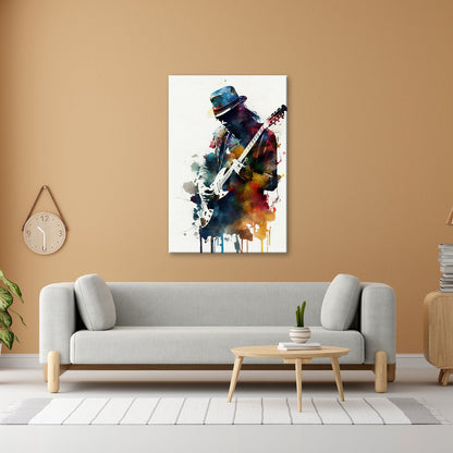 Leinwandbild Gitarrist XXL – In farbintensiver fließender Aquarellsilhouette - deyoli