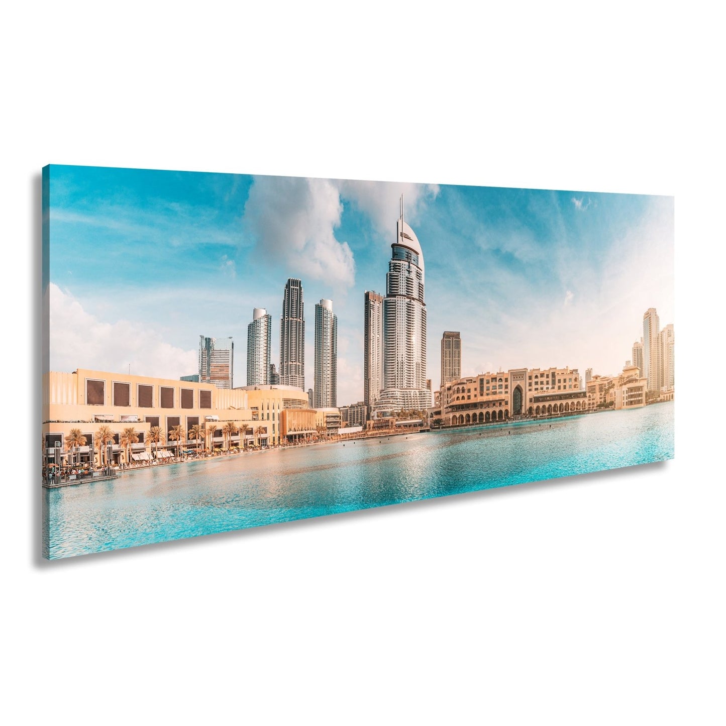 Leinwandbild Glitzernde Skyline spiegelt sich im türkisblauen Wasser Dubais - deyoli