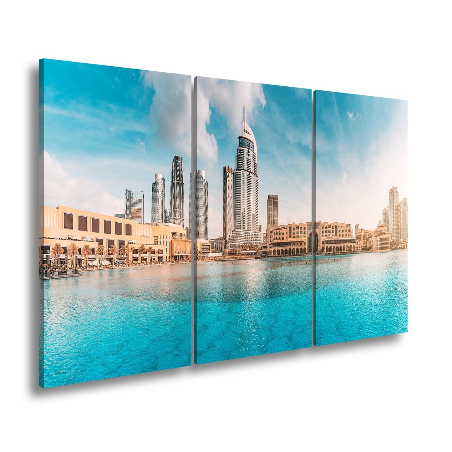 Leinwandbild Glitzernde Skyline spiegelt sich im türkisblauen Wasser Dubais - deyoli