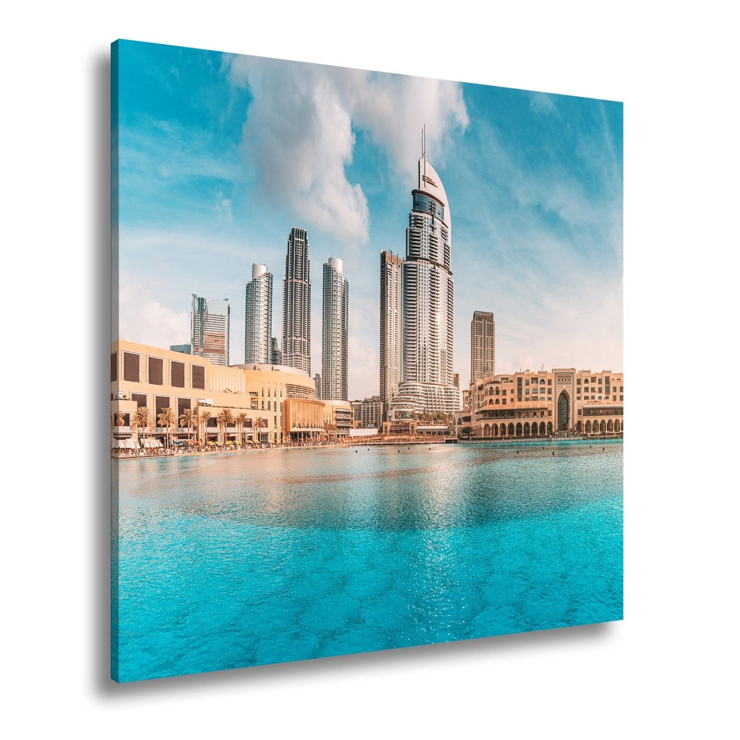 Leinwandbild Glitzernde Skyline spiegelt sich im türkisblauen Wasser Dubais - deyoli