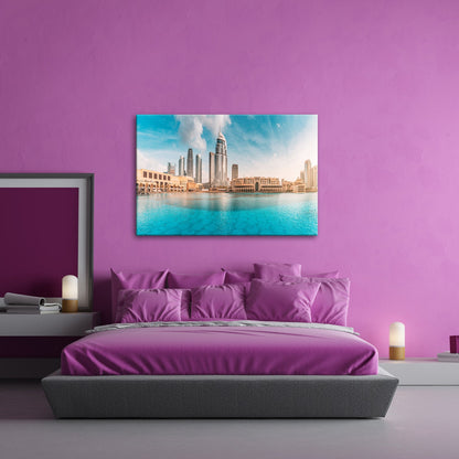 Leinwandbild Glitzernde Skyline spiegelt sich im türkisblauen Wasser Dubais - deyoli