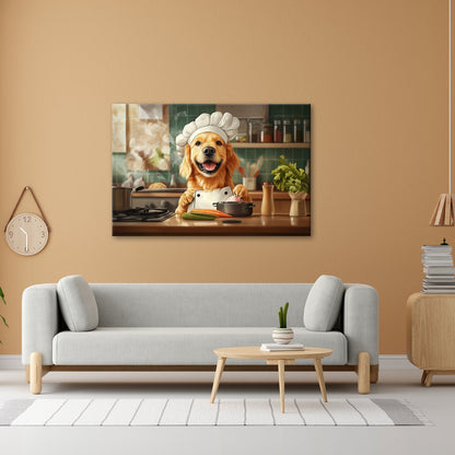 Leinwandbild Golden Retriever kocht mit Herz und guter Laune. - deyoli