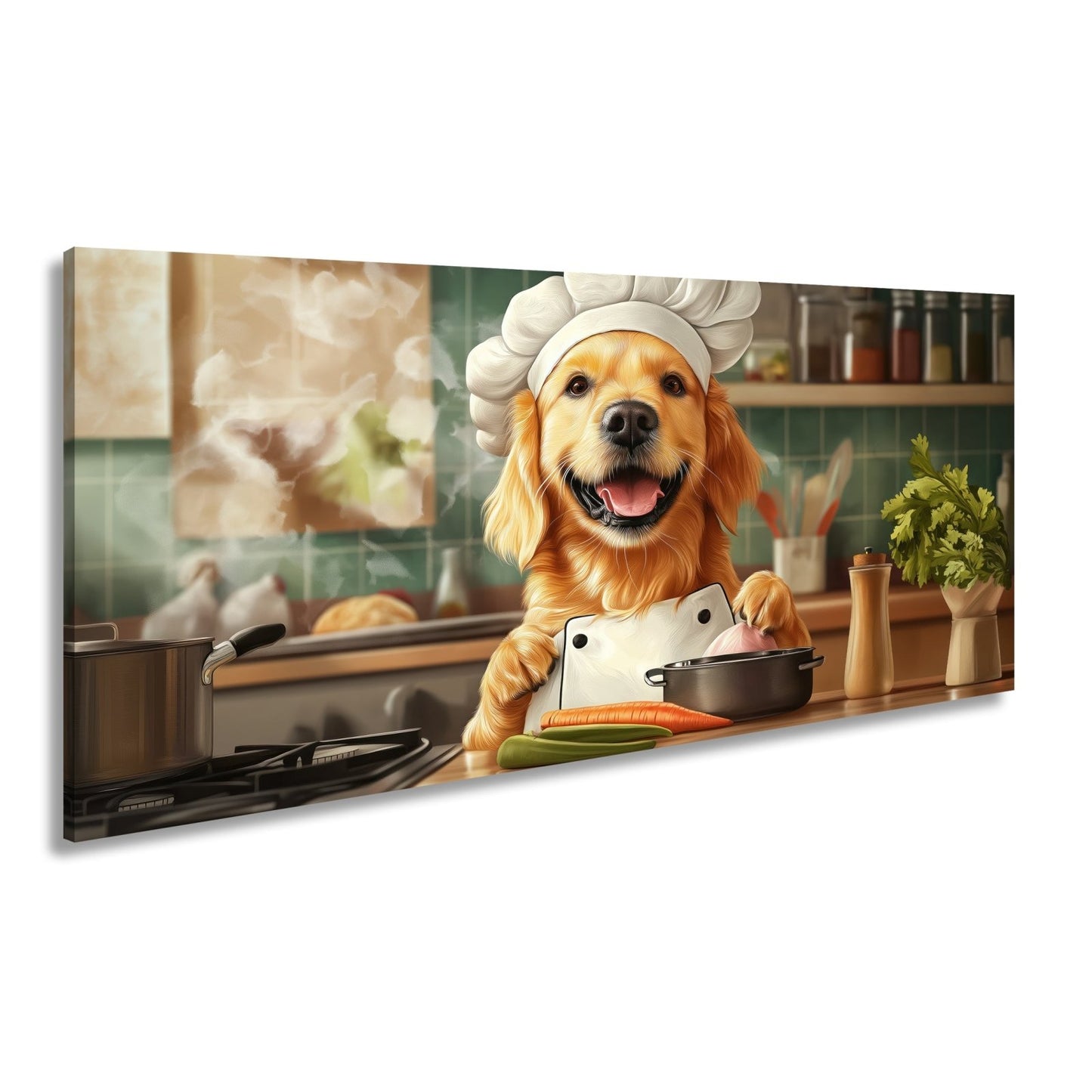 Leinwandbild Golden Retriever kocht mit Herz und guter Laune. - deyoli