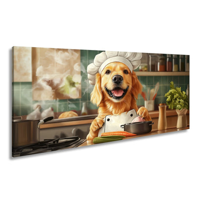 Leinwandbild Golden Retriever kocht mit Herz und guter Laune. - deyoli